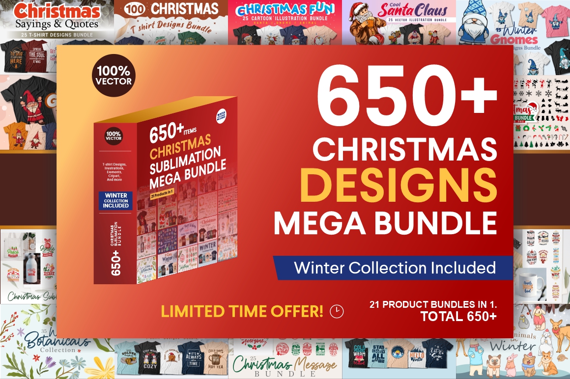 Christmas designs mega bundle: Illustrations, Clipart, T-shirt designs, Sublimations