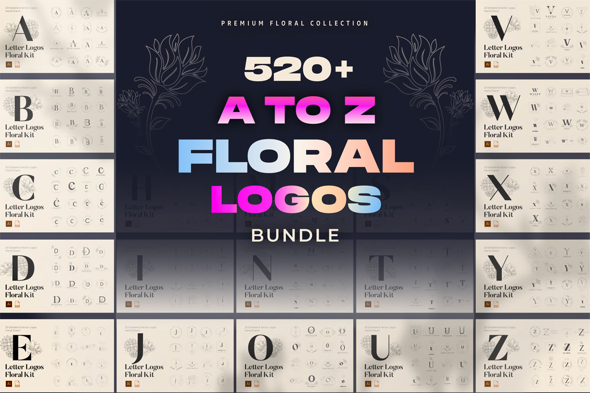 MEGA 520 Handmade Floral Logos Bundle