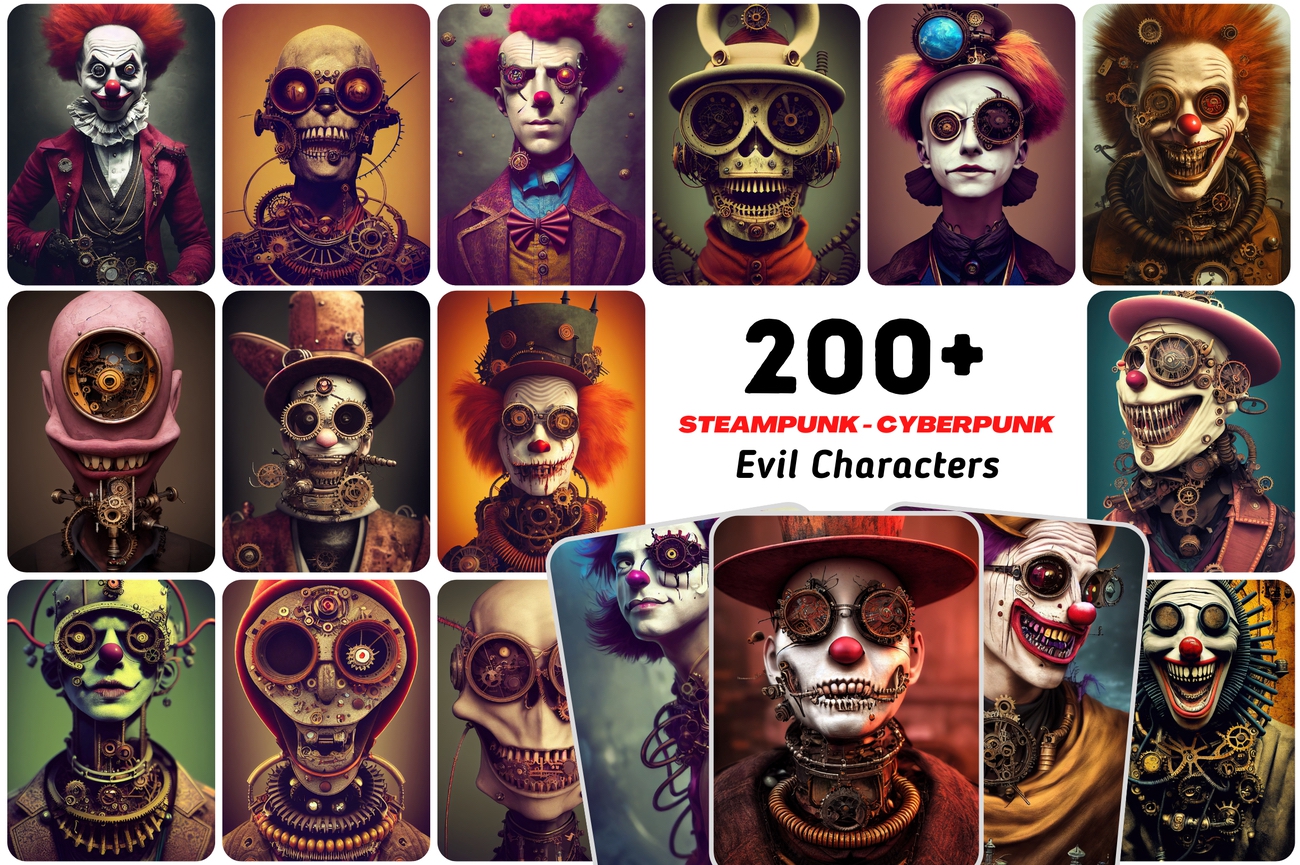 Steampunk characters with evil clowns and skulls 