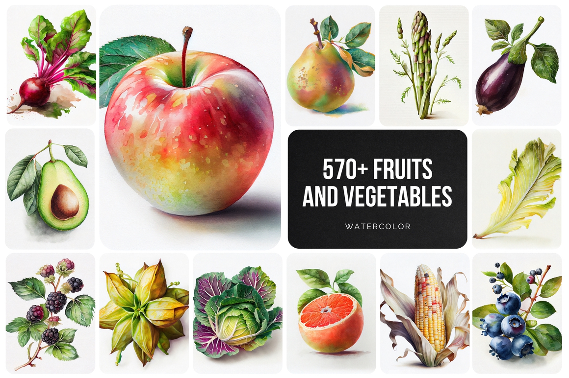 570+ Fruits and Vegetables Watercolor Collection