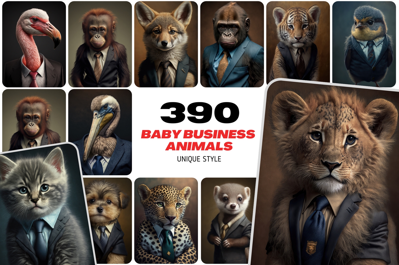 Stand Out with 390 Whimsical Baby Animal Illustrations in Business Attire