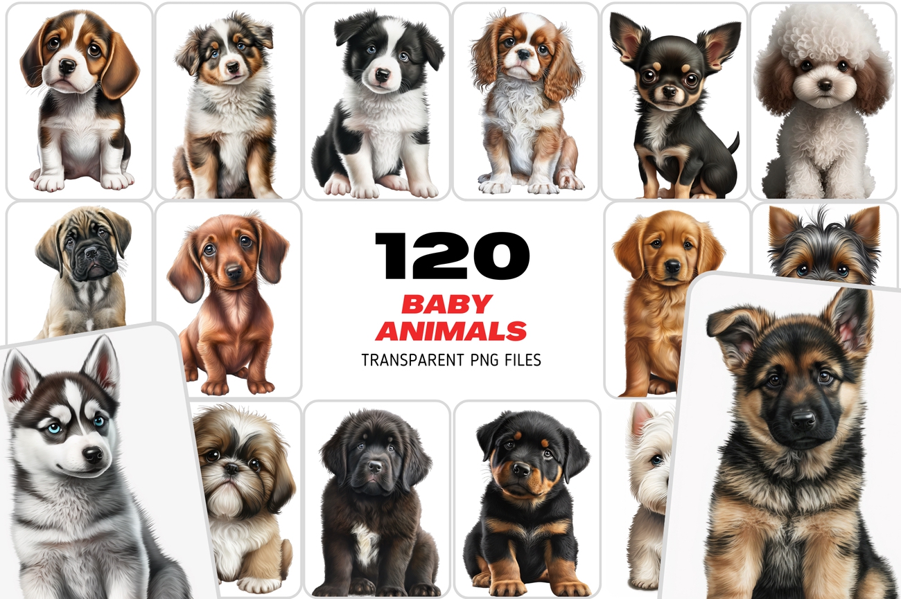 120 Adorable PNG Sublimation Puppies with Transparent Background