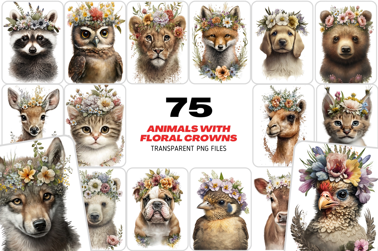 Animals with Floral Crowns in Transparent PNG