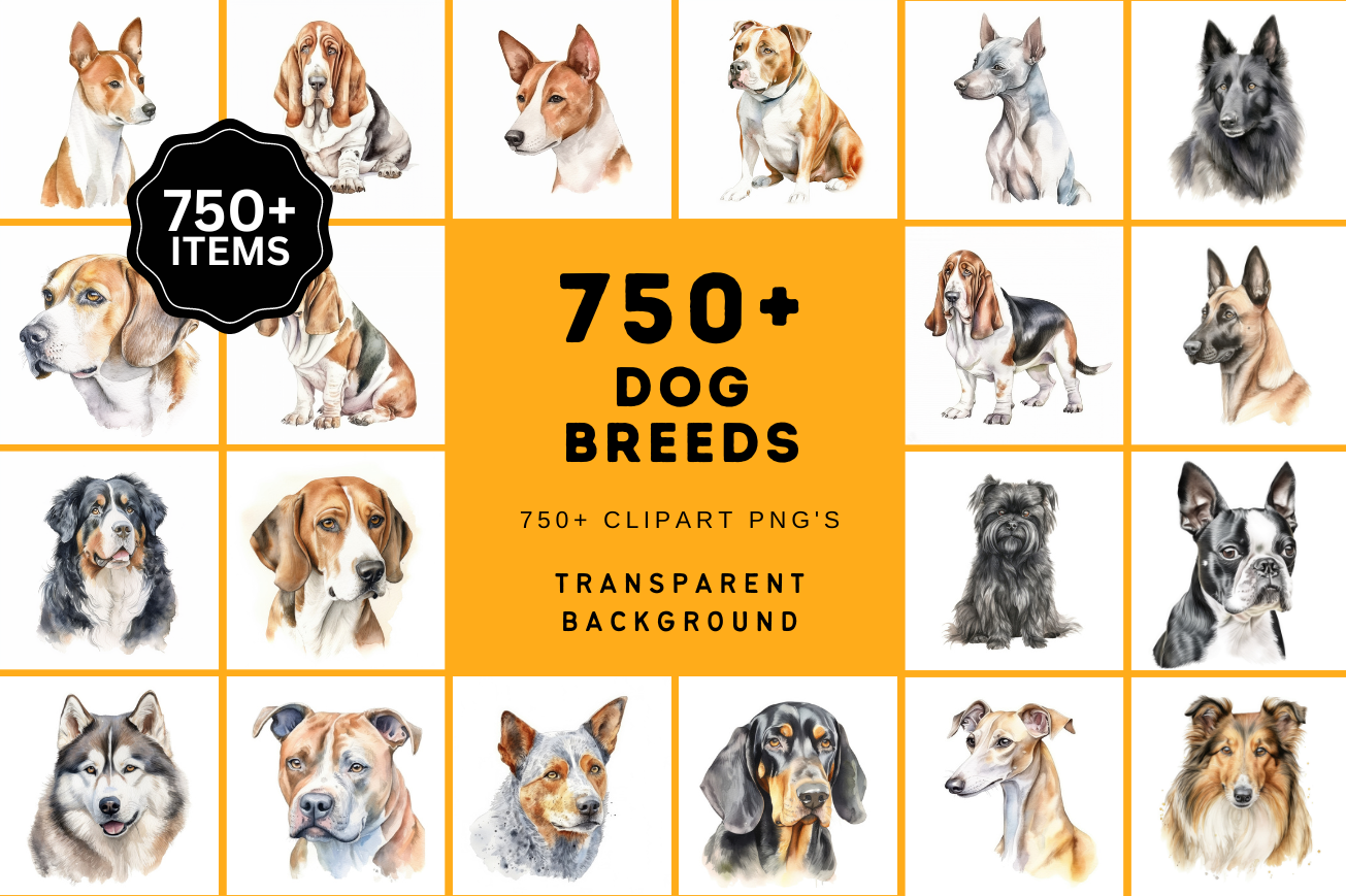 Ultimate Dog Breed Bundle: 750 High-Quality Transparent PNG Watercolor Dog Images