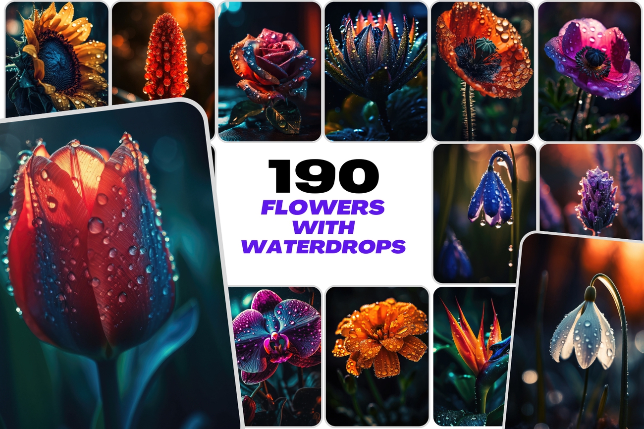 Enchanting Floral Waterdrop Images Bundle – 190 High-Quality Flower Photos with Delicate Waterdrop