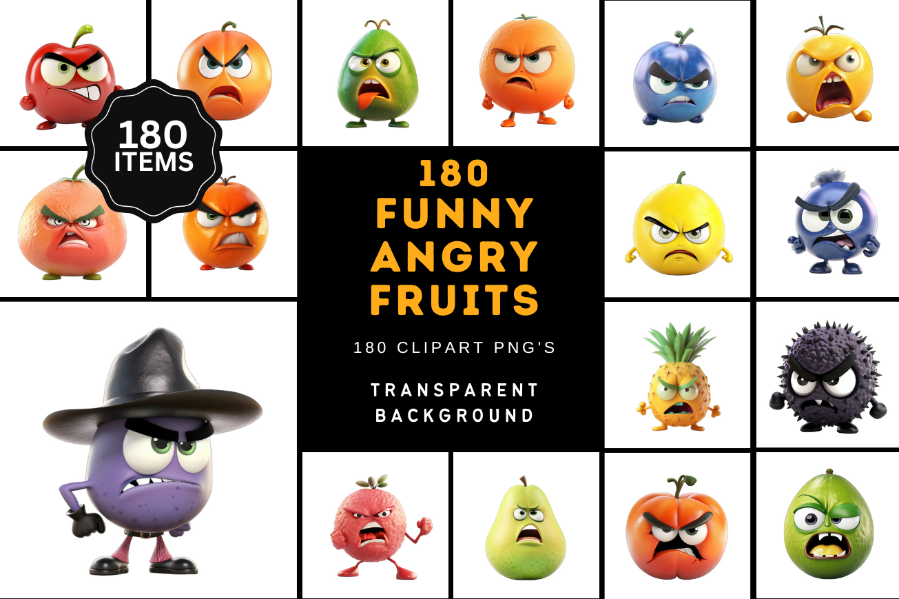 Angry Fruits Bundle - 180 Transparent PNG Images