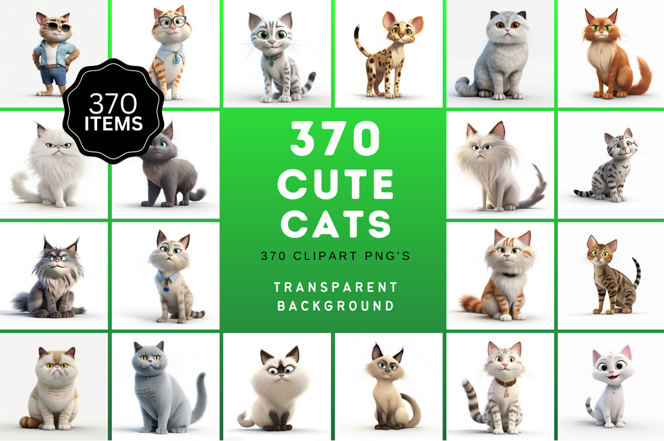 3D & Cartoon Cat Image Bundle - 370 Transparent PNG Cat Graphics for Creative Projects