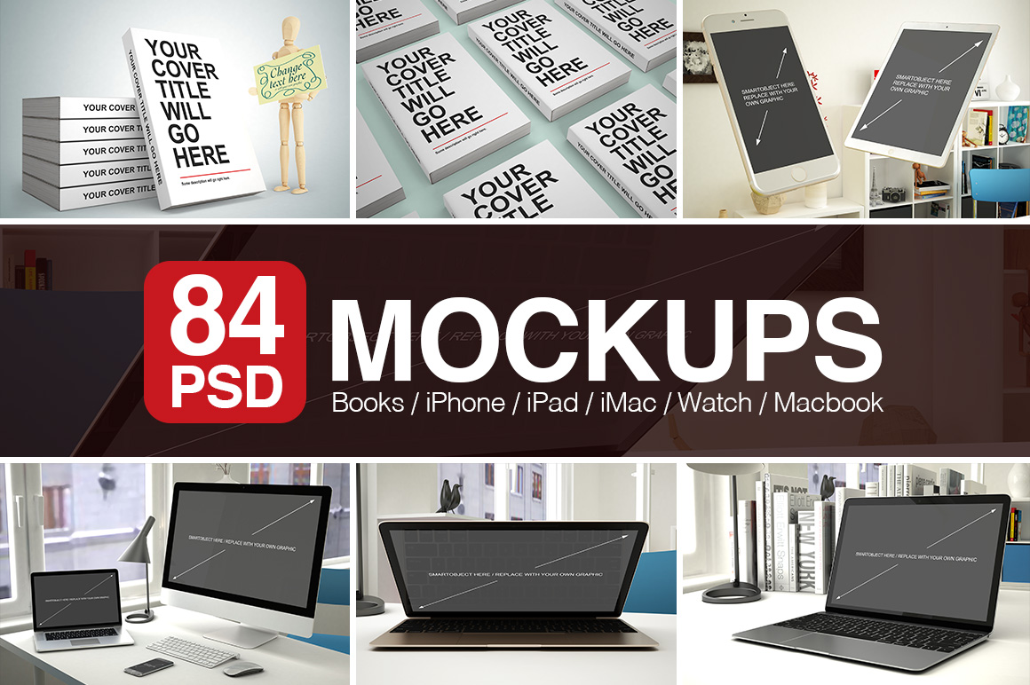 84 PSD Mockups with Books and Apple Devices
