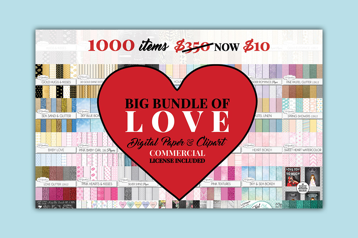 The big bundle of love - 1000 Digital paper and clipart items only $10
